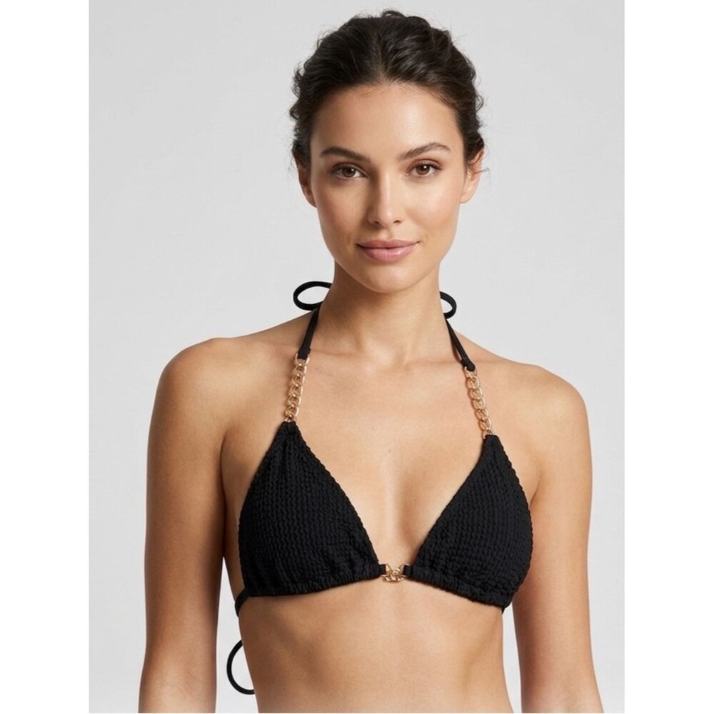 Black Crinkle Triangle Bikini Top Gold Chain Hardware Swimsuit Size Small NWOT